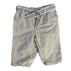 Baby Boy's Preppy Teddy Bear Embroidered Light Blue Belted Straight Leg Chinos